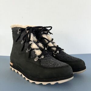 Sorel Sneakchic Alpine Shearling Leather Lace Up Black Snow Booties